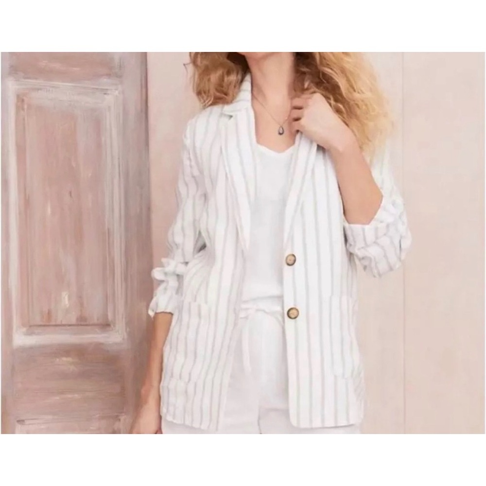 Garnet Hill Striped Linen Blazer Women White Tan Small NWT Casual Pocket